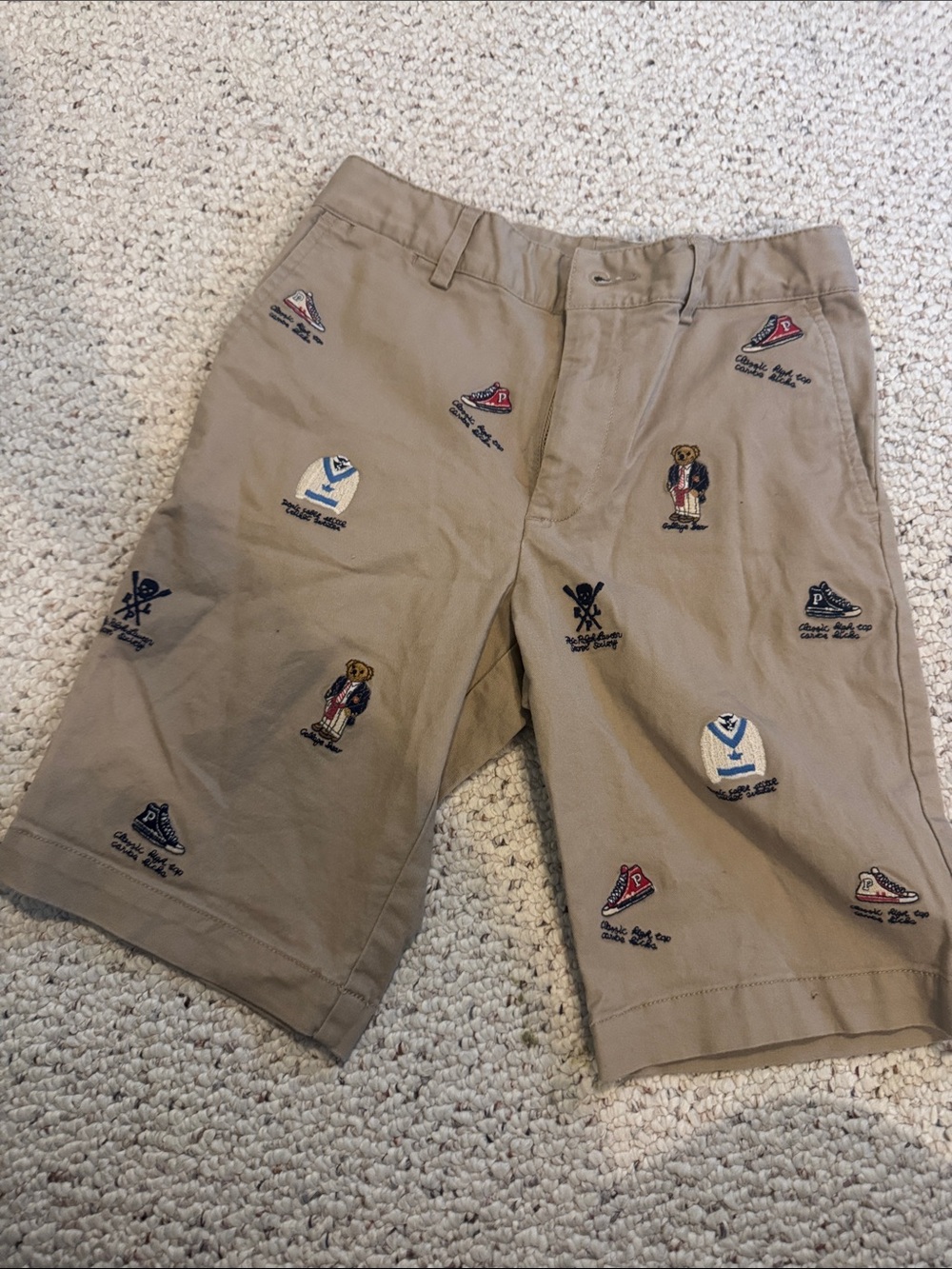 Polo by Ralph Lauren Khaki Pants with Embroidered Bear & Sneaker Motifs